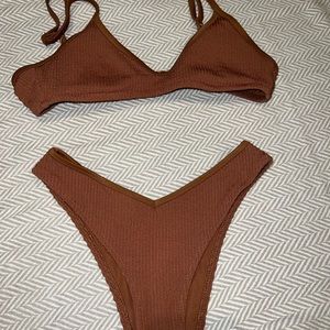 AERIE RIBBED BIKINI SET IN BROWN
